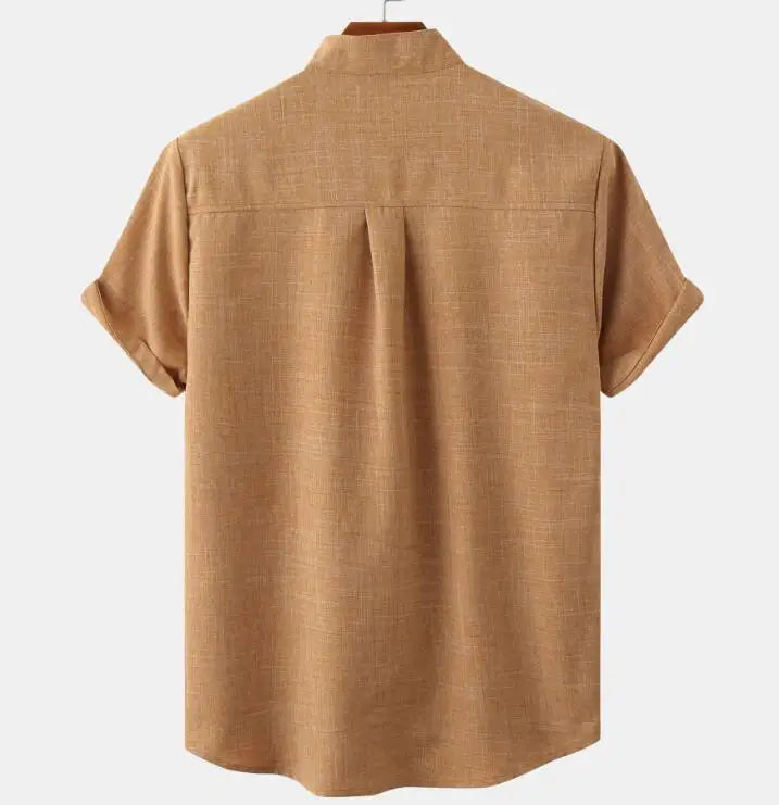 Men Summer V-neck Button up Cotton Linen Shirts Solid Color Short Sleeve Shirt Men's Fashion Trendy Shirts