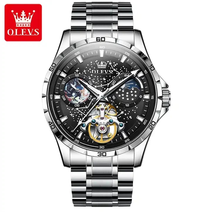 OLEVS 6689 Men's Automatic Mechanical Watch – Luxury Skeleton Design with Starry Sky Dial, Multifunctional Features, Stainless Steel, and Leather Strap