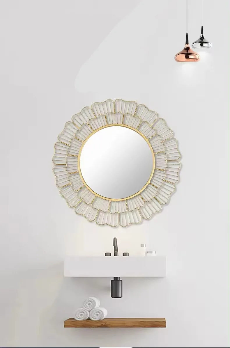 Large Round Gold Wall Mirror – Modern Iron Frame Decorative Wall Hanging for Living Room and Home Furniture