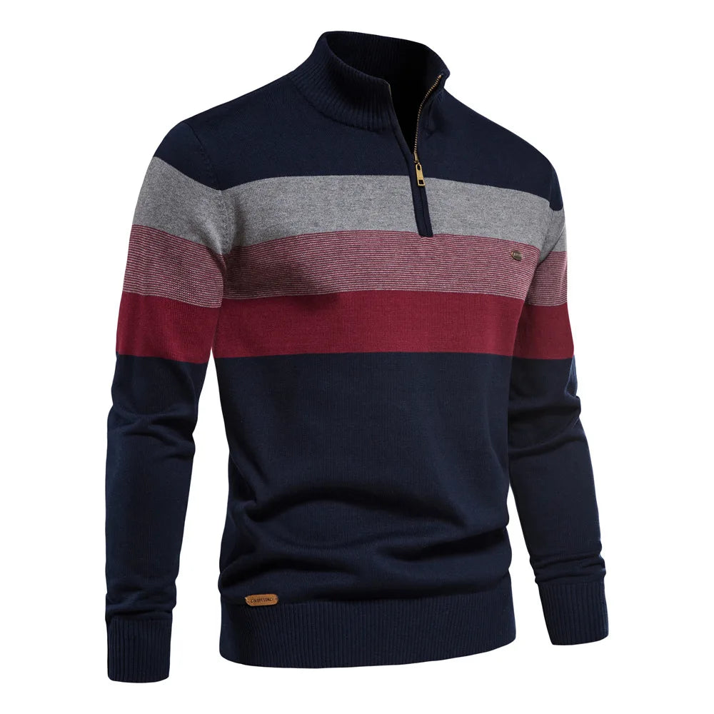 Men's Casual Cotton Pullover Sweater - Warm Zipper Neck Patchwork Design for Everyday Style Gilbert