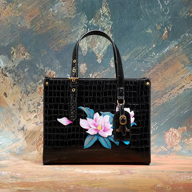 Women's Square Tote Handbag with Fashionable Floral Print, Adjustable Handle, and Zipper Closure Caterina
