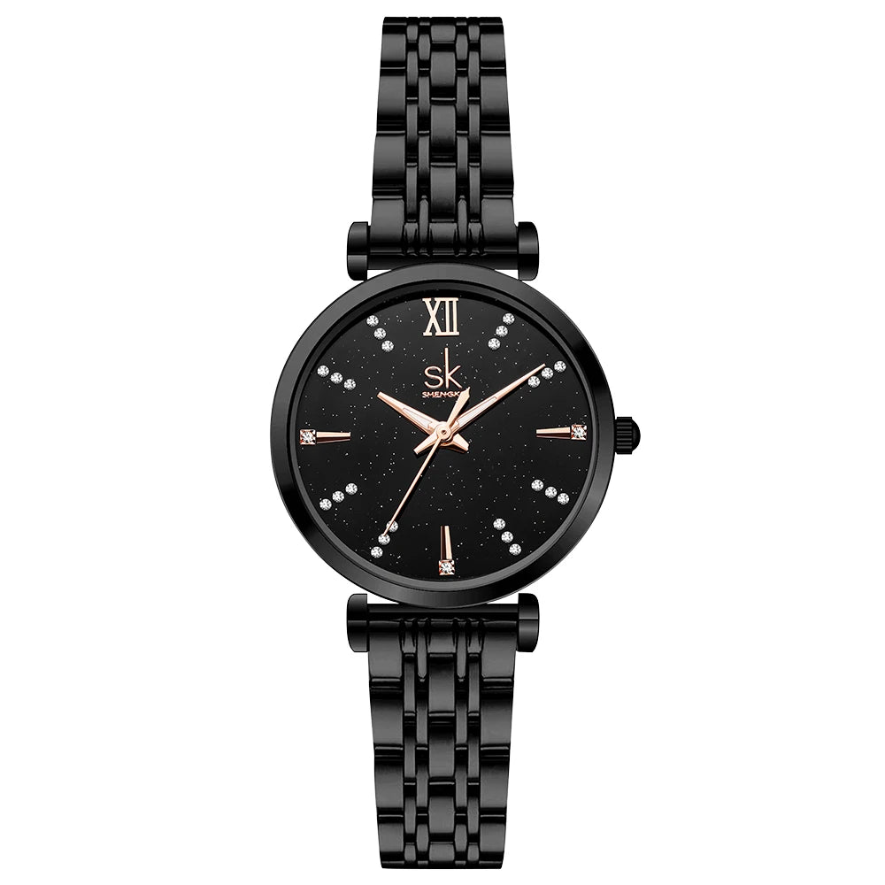 Shengke Women’s Stainless Steel Watch – Black Waterproof Quartz Wristwatch for Easy Matching Prudence