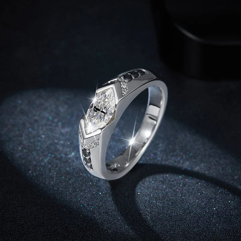 S925 Silver Marquise Rhombus Moissanite Ring – High-End Hip-Hop Style with Black and White Contrast, Perfect for Couples
