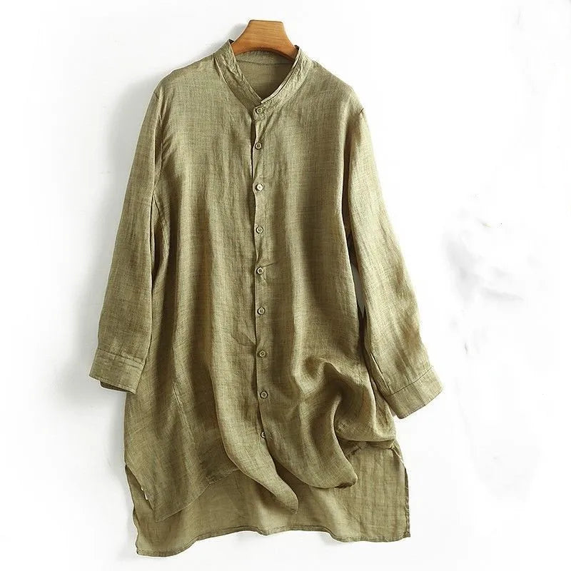 Women Long Shirts Cotton Linen Stand Collar Retro Long Sleeve Button Spring Summer Tops Casual Shirt