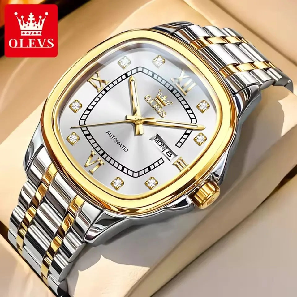 OLEVS 9810 Men's Automatic Mechanical Watch - Waterproof Stainless Steel Square Dial with Luminous Display & Calendar