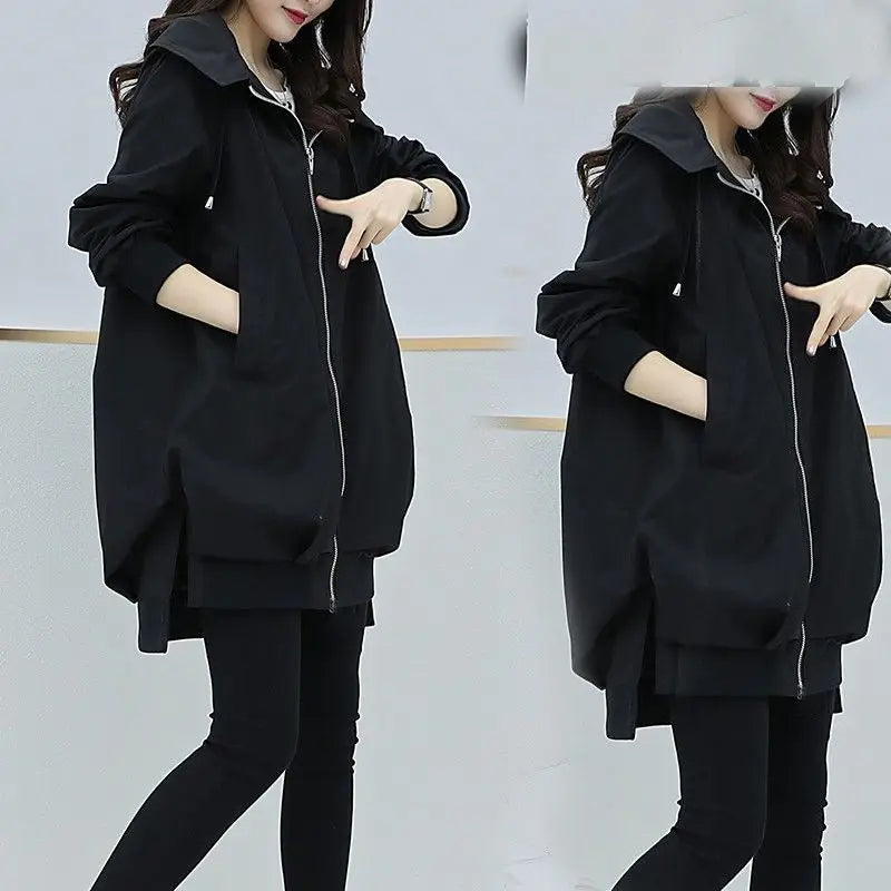Women's Black Hooded Windbreaker – Mid-Length Casual Korean Style Coat for Spring and Autumn Lyra