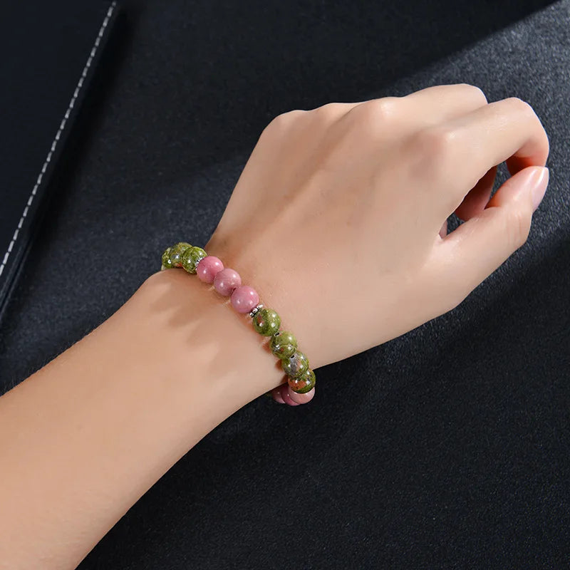 8mm Blue Veins Stone & Green Natural Stone Bracelet | Handmade Elastic Healing Beaded Jewelry with Flower Design Anaya