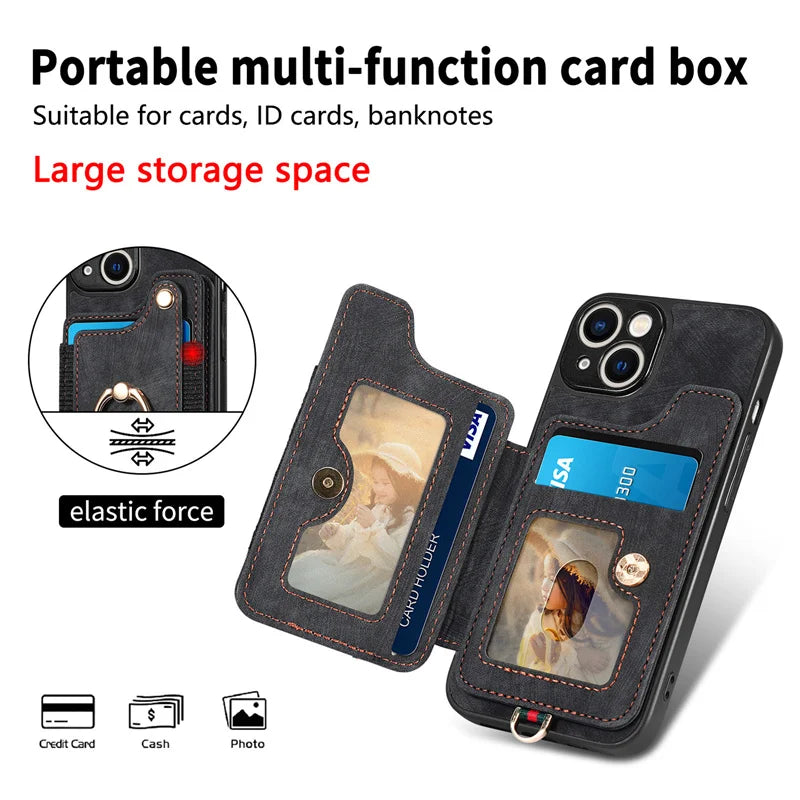 Leather Card Holder Phone Case – Protective Cover with Strap for iPhone 15, 14, 13