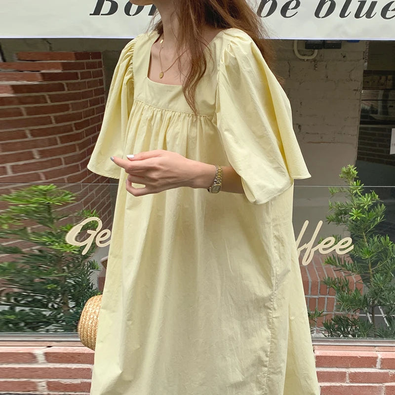 Women Summer Long Dress Minimalist Temperament Square Neck Loose Pleated Flying Sleeves Casual
