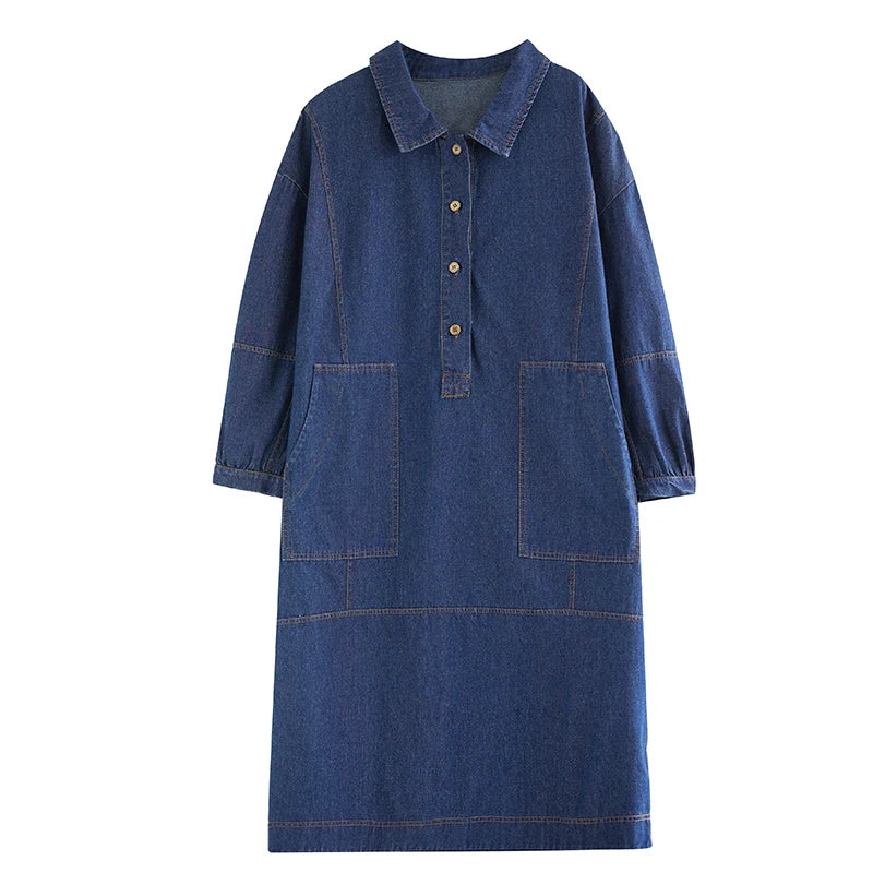 Women's Fashionable Mid to Long Denim Dress – Loose Fit, Slimming Design for a Trendy Look Kestrel