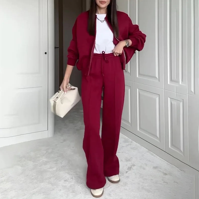Women's 2-Piece Outfit: O-Neck Long Sleeve Top, Sleeveless Vest, and Wide-Leg Pants Set – Stylish & Versatile Selene