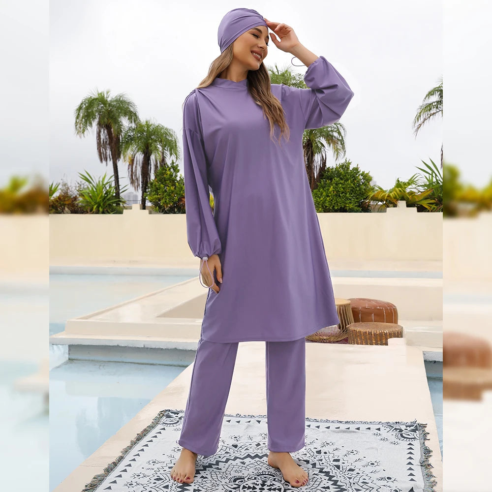 Purple Burkini for Women – Modest 3-Piece Long Sleeve Swimwear | Islamic Sports Swimsuit with Hijab Eshal