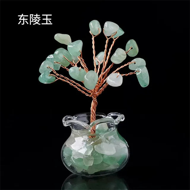 Natural Crystal Fortune Tree – Hand-Woven Mini Crystal Tree Ornaments with Gravel Gems in Glass Vases