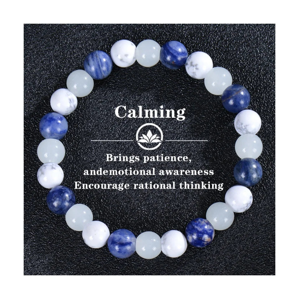 8mm Blue Veins Stone & Green Natural Stone Bracelet | Handmade Elastic Healing Beaded Jewelry with Flower Design Anaya