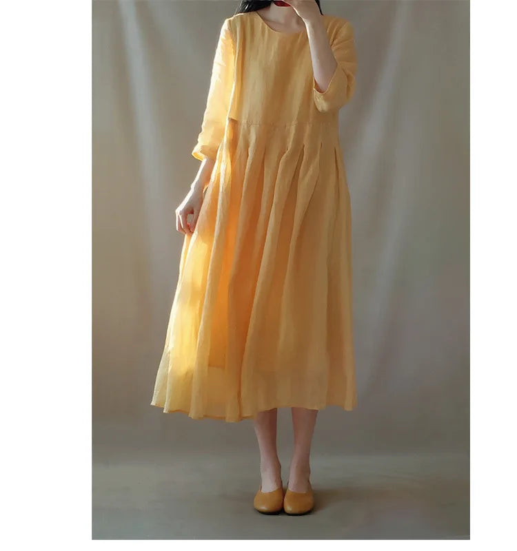Women's Retro Loose Long Summer Dress - Cotton Linen Half Sleeve Vacation Outfit with O-Neck and Solid Color Design Colleen