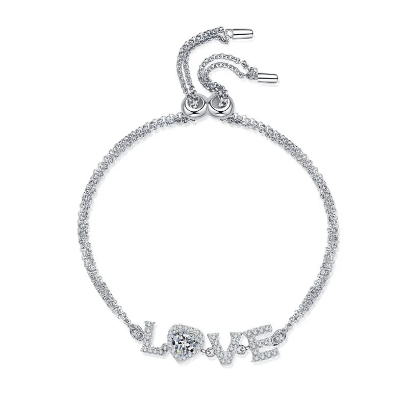 925 Sterling Silver VVS Moissanite Bracelet – Rhodium-Plated Love Letter Design Bangle for Valentine's Day Gifts Greta
