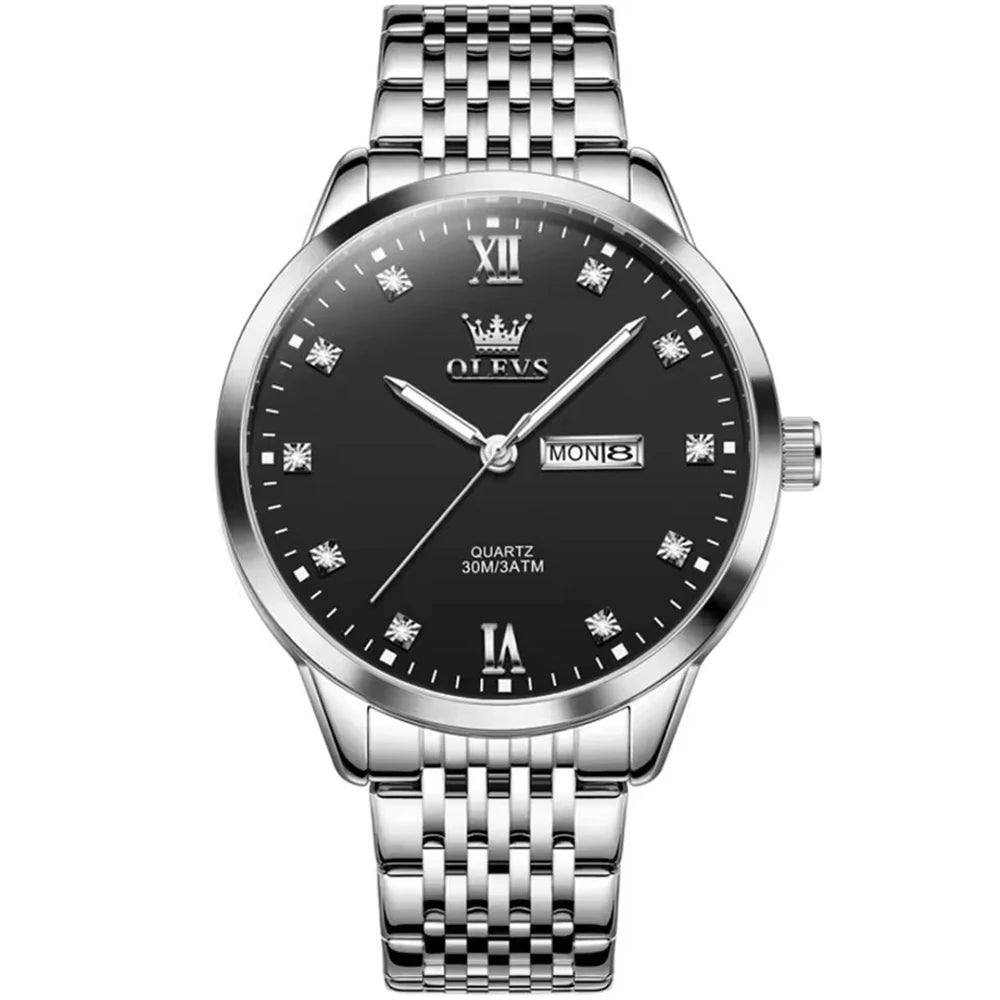 OLEVS 2943 Fashion Quartz Watch – Stainless Steel Band, Round Dial, Week Display & Calendar