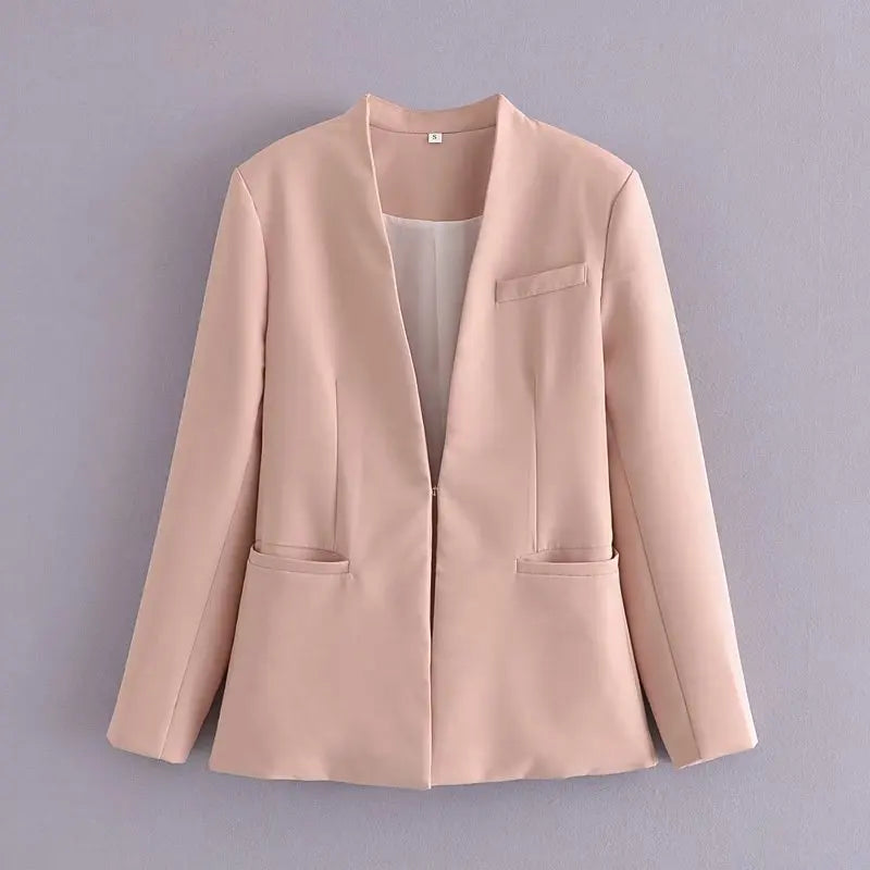 Women's Casual Long Sleeve Suit Jacket - All-Match Lapel-Free Blazer with Shoulder Pads Clemence