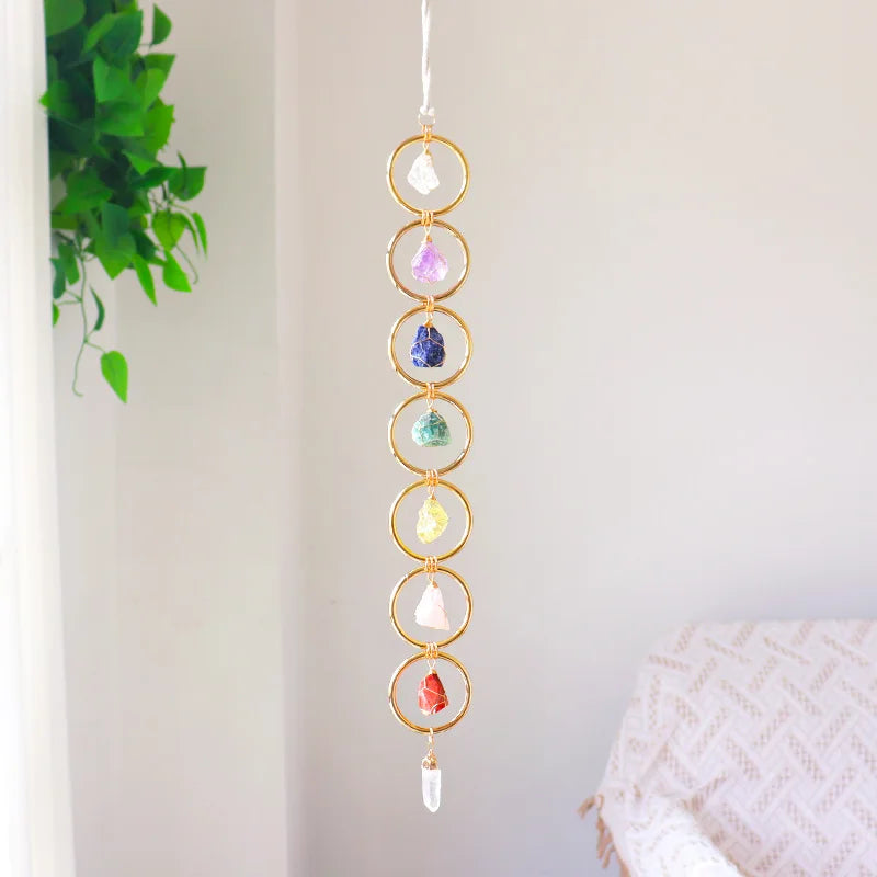 Raw Crystal Chakra Wall Hanging – Natural Crystal Sun Catcher for Home Décor, Energy Healing, and Positive Vibes