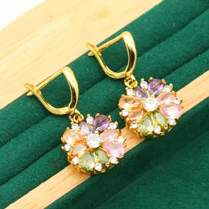 Gold-Plated Silver Wedding Jewelry Set for Women – Multi-Color Zircon Earrings, Bracelet, Pendant Necklace, and Ring Gift Aurelie