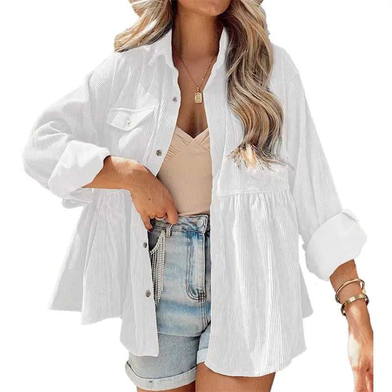 Women's Long-Sleeve Corduroy Ruffled Shirt with Button-Up Design – Elegant & Stylish Top