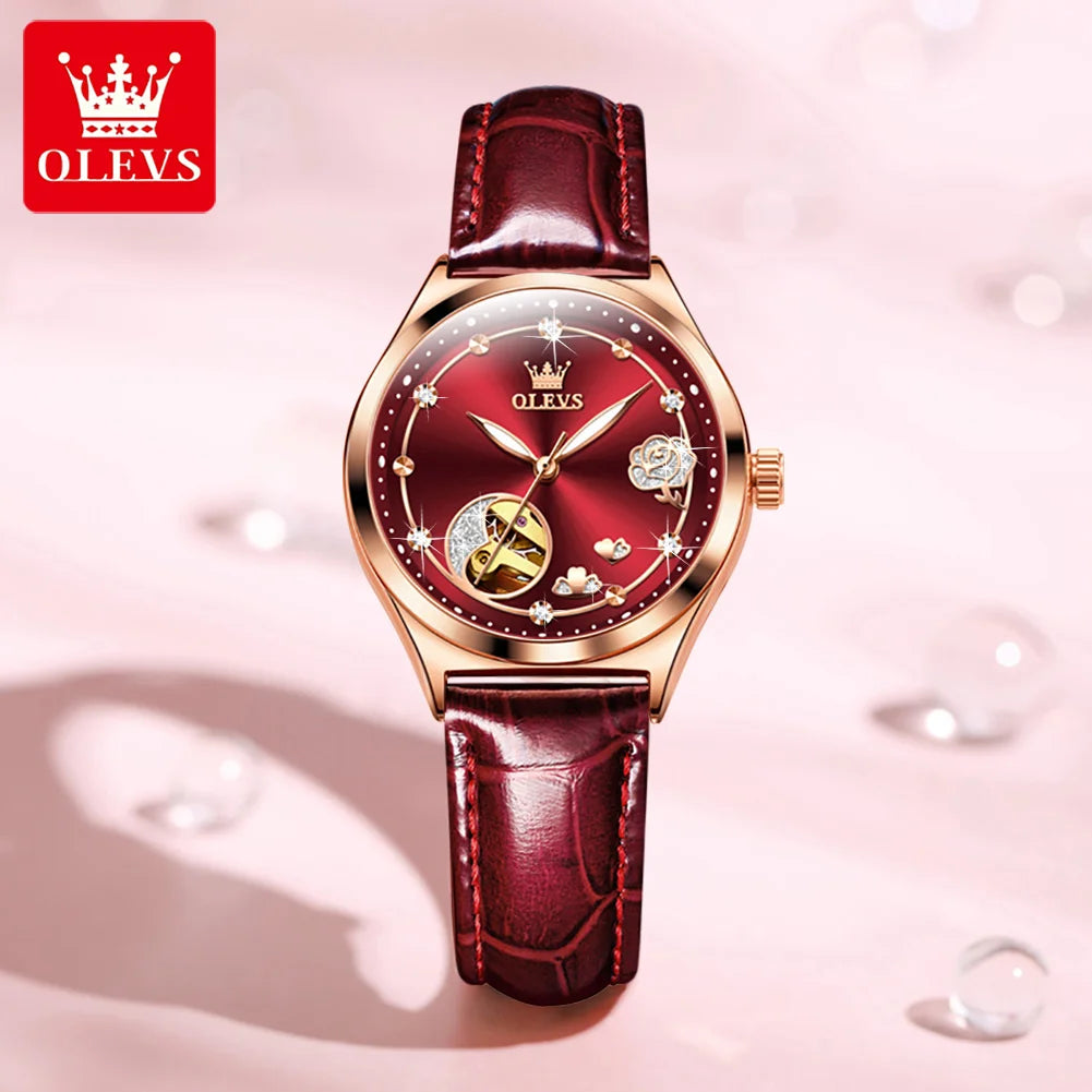 OLEVS 6601 Women's Luxury Mechanical Watch - Trendy Classic Design, Diamond Dial, Waterproof Leather Wristwatch
