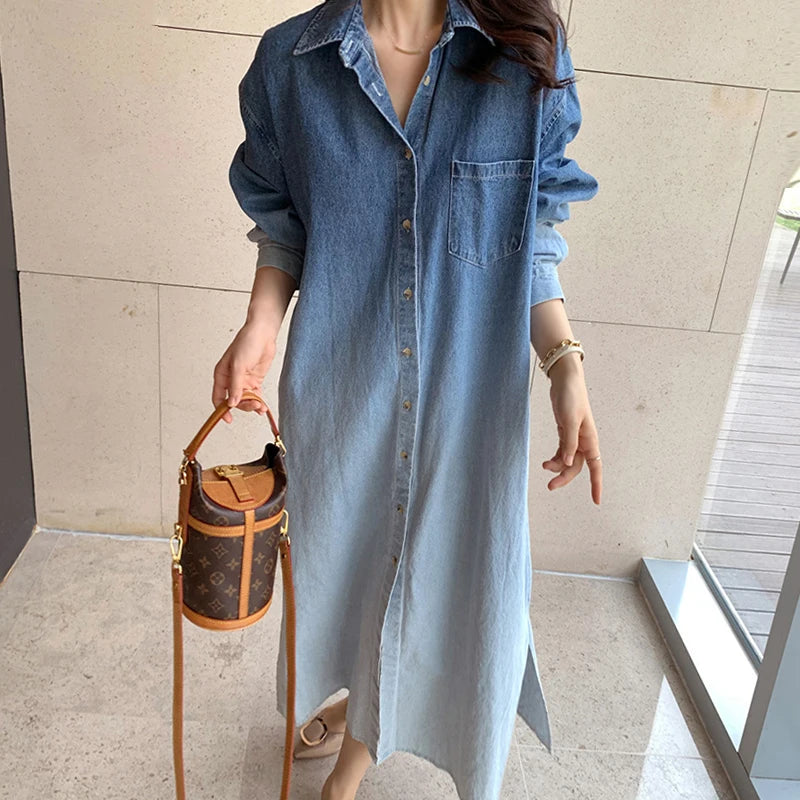 Women's French Style Denim Dress | Gradient Halo Dye, Lapel, Single-Breasted, Loose Long Sleeve Design Diane
