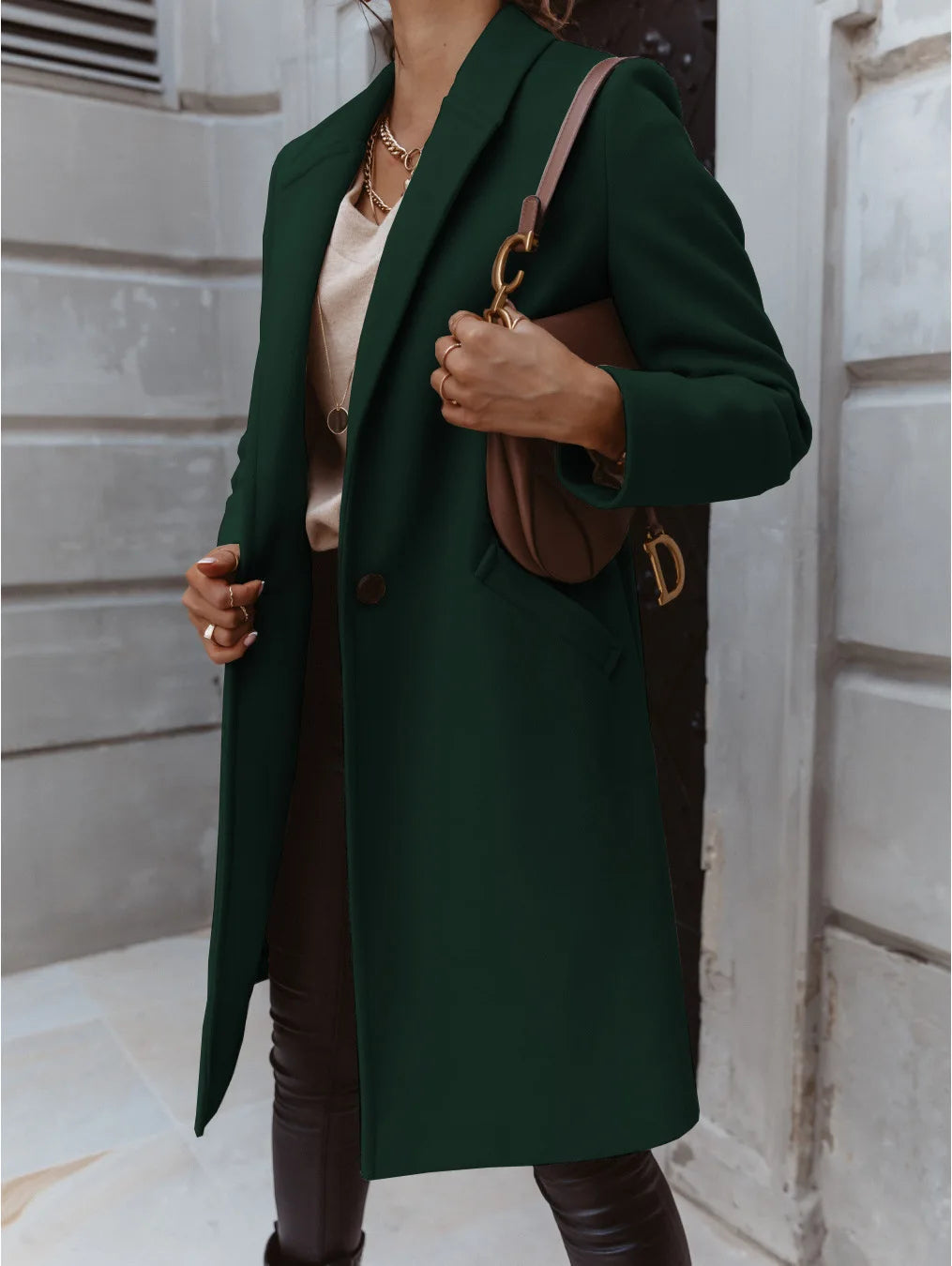 Women's Solid Color Woolen Coat - Lapel Button Mid-Length Autumn & Winter, Office Wear Cathy