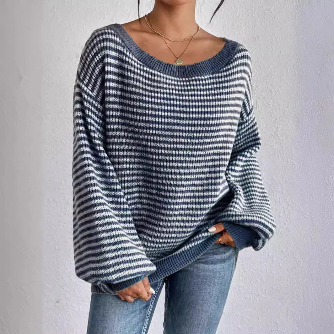 Women's Oversized Striped Knit Sweater - Casual Autumn Wool Pullover with Puff Long Sleeves and Crewneck Millicent