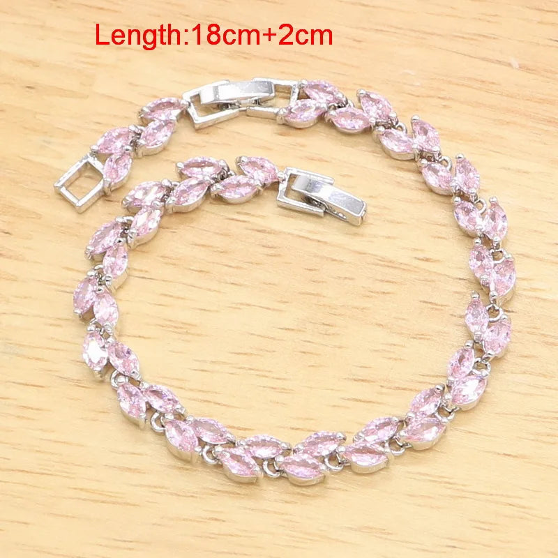 925 Sterling Silver Bridal Jewelry Set for Women – Classic Pink Zircon Bracelet, Earrings, Necklace, Pendant & Ring | Perfect for Weddings, Birthdays & Parties Christelle
