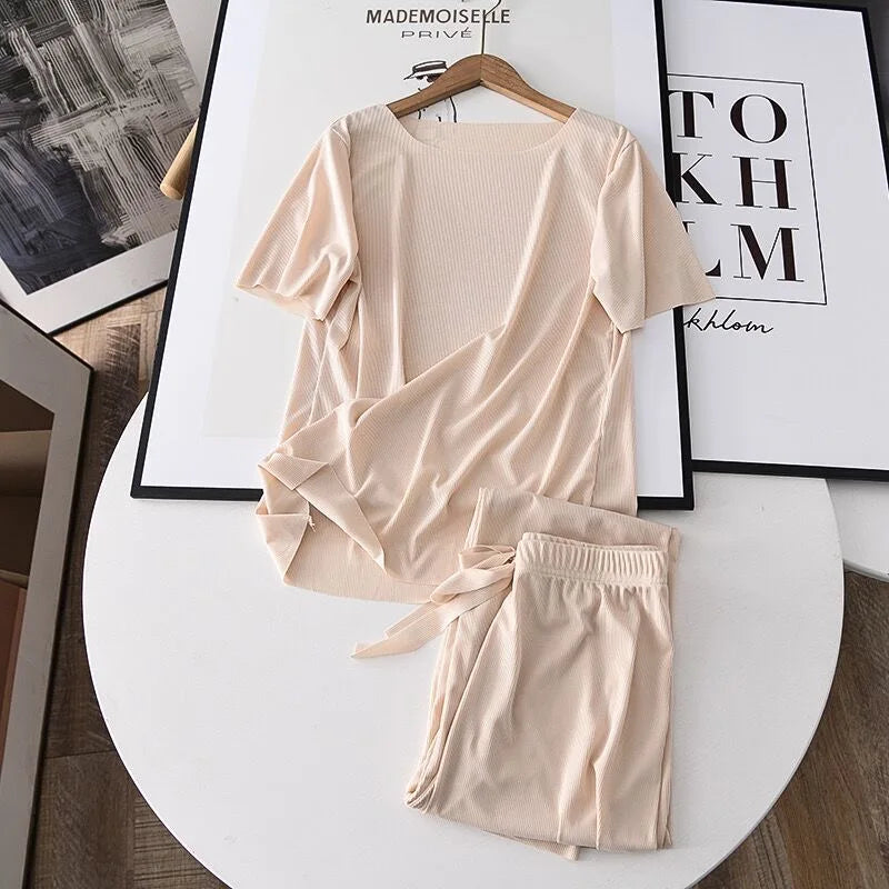 Women's Summer Casual Two-Piece Set – Solid Color Short Sleeve T-Shirt and Wide-Leg Trousers