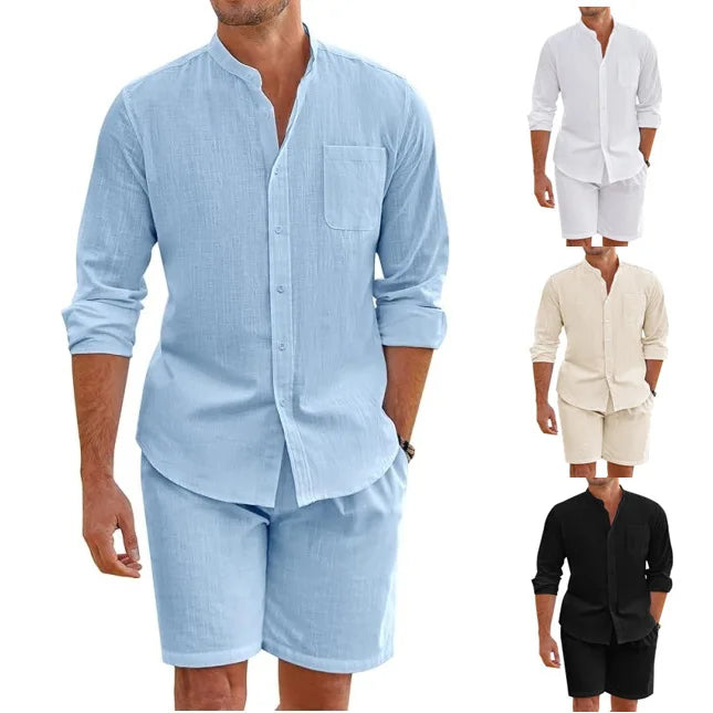 Men Cotton Linen Comfortable Button Shirt Long Sleeve + Shorts Set Simple Two-Piece Set Casual Beach Wear Men's Suits