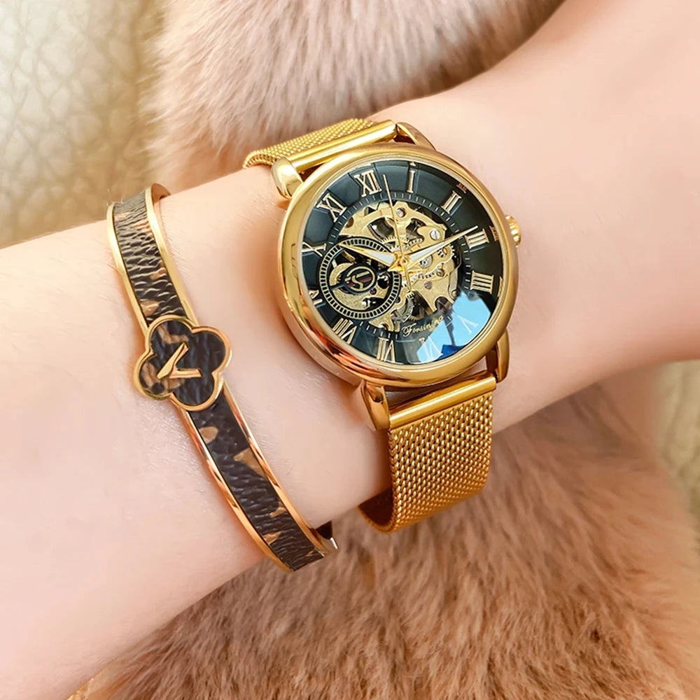Forsining Women’s Skeleton Watch | Stainless Steel Transparent Mechanical Wristwatch – Waterproof Luxury Watch for Women