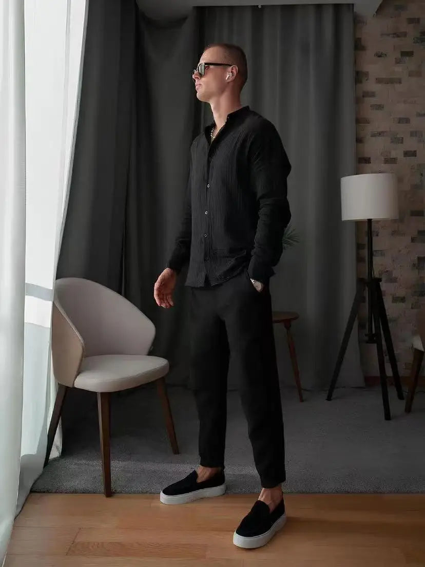 Men's Spring & Fall Two-Piece Suit | Casual Long-Sleeve Stand Collar Top & Pants Tobby