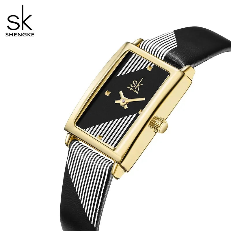 Shengke Women's Designer Rectangle Watch – Elegant Ladies Wristwatch with Leather Band and Quartz Movement Chantal