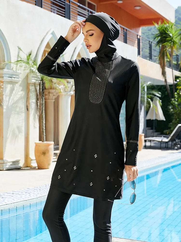 Modest Muslim Sunscreen Swimwear | Bling Three-Piece Burkini with Print Design Fiza