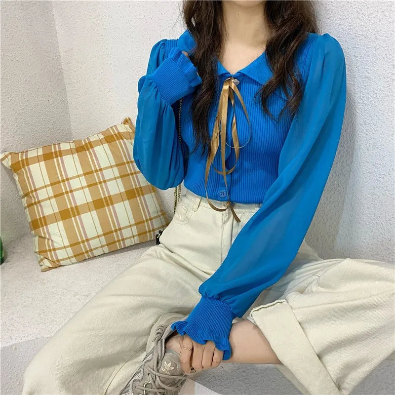 Women's Knitted Pullover – Long Puff Sleeve Doll Collar Spring Sweater with Lapel Ribbon Daiy