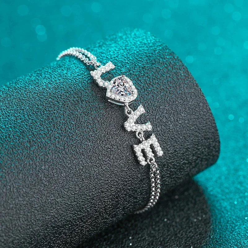 925 Sterling Silver VVS Moissanite Bracelet – Rhodium-Plated Love Letter Design Bangle for Valentine's Day Gifts Greta