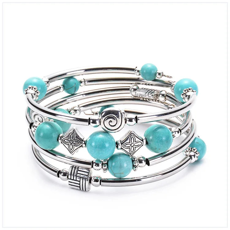 Fashion Charm Natural Stone Beaded Bracelet – Turquoise Crystal Multilayer Spiral Memory Wrap Bangle for Women Helena
