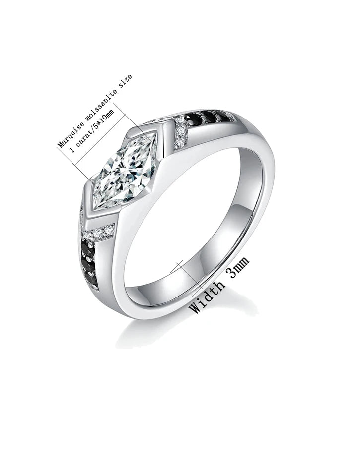S925 Silver Marquise Rhombus Moissanite Ring – High-End Hip-Hop Style with Black and White Contrast, Perfect for Couples