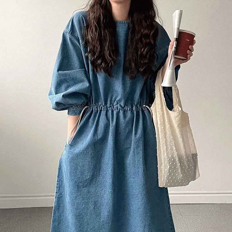 Retro Denim Dress | Spring Round Neck Tie-Waist Large Swing Washable Style Emma