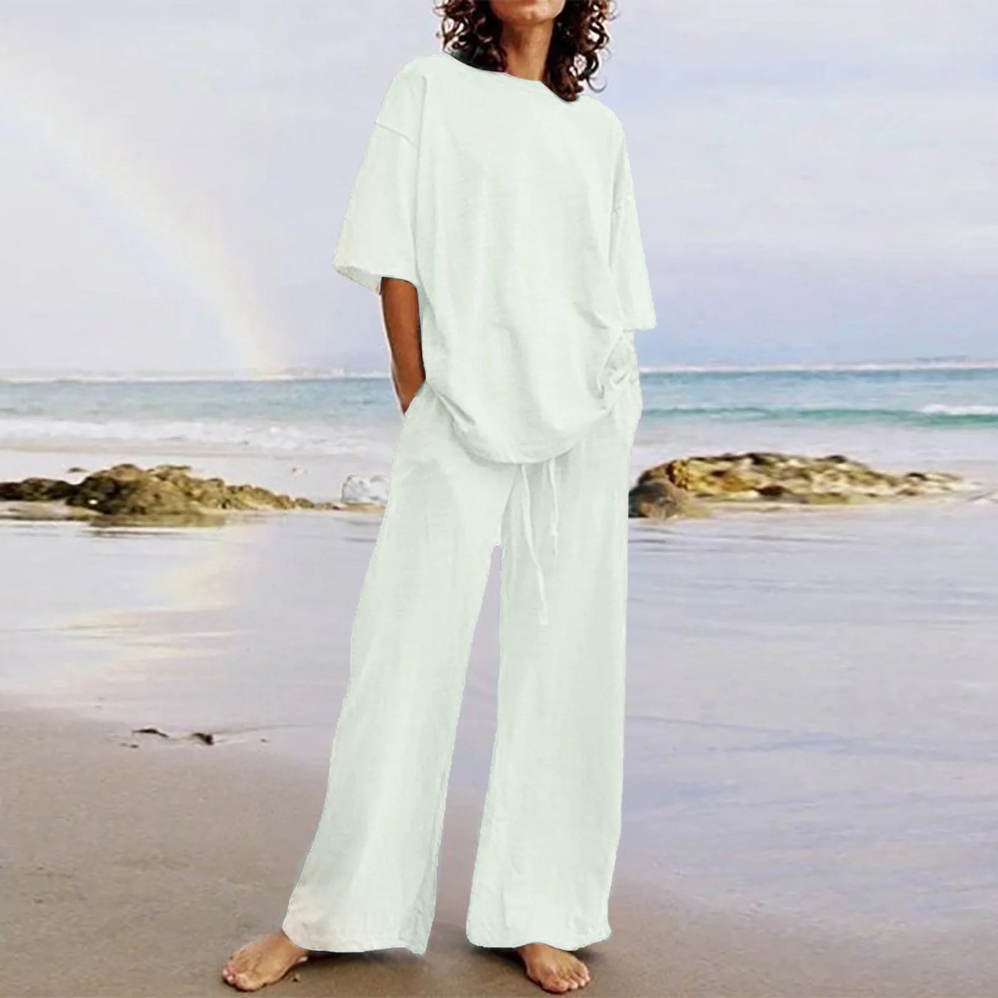 Spring & Summer Women's Cotton Linen 2-Piece Set – Casual High-Quality Half Sleeve O-Neck Top with Wide-Leg Pants