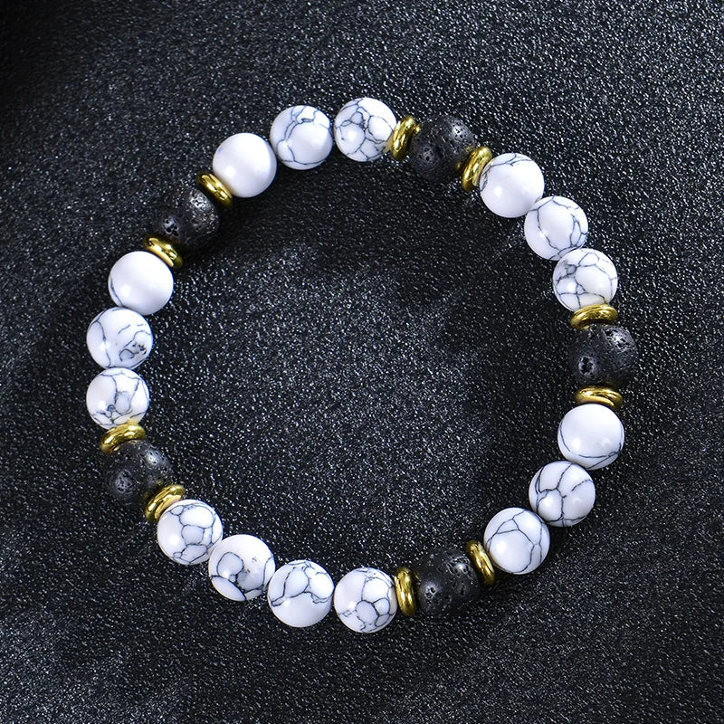 Handmade 8mm White Howlite & Lava Stone Beaded Bracelet | Natural Stone Jewelry for Career, Wealth, Luck & Personal Meaning Lilia