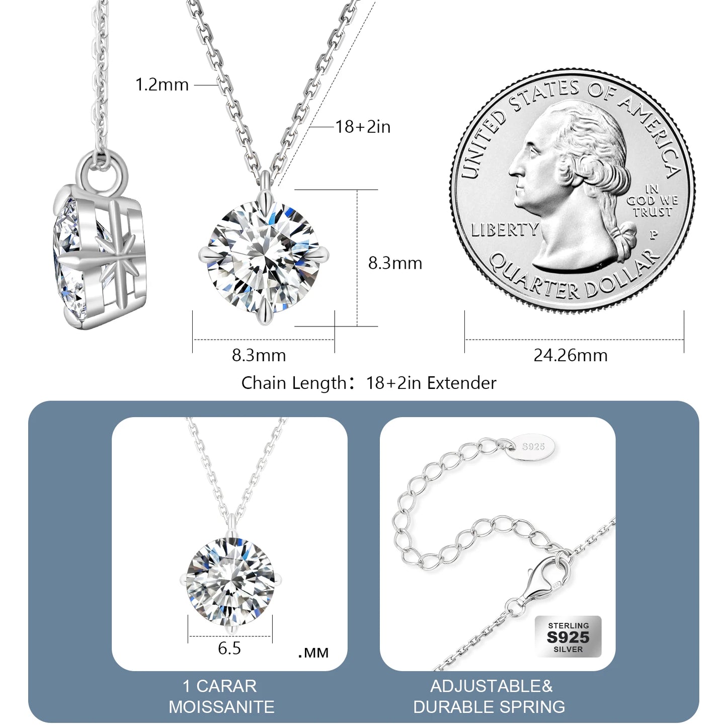 Moissanite Necklace for Women - 925 Sterling Silver Gold-Plated Solitaire Pendant with Lab-Created Diamond