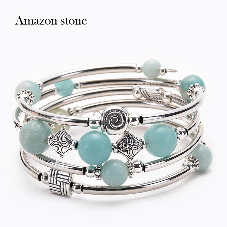Fashion Charm Natural Stone Beaded Bracelet – Turquoise Crystal Multilayer Spiral Memory Wrap Bangle for Women Helena