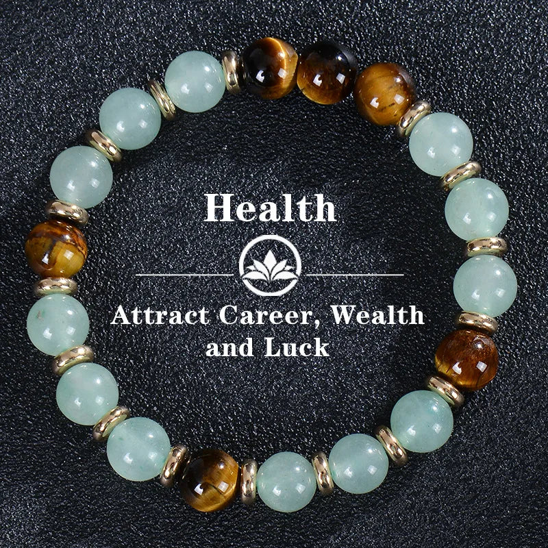 8mm Green Aventurine and Tiger Eye Stone Bracelet | Natural Stretch Beaded Bracelet for Health, Wealth, Luck & Career Success Serena