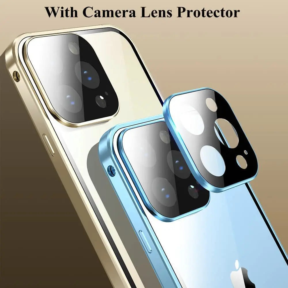 Magnetic 360° Full Cover Metal Frame Phone Case | Double-Sided Tempered Glass HD Cover for iPhone 15, 14, 13 Pro Max