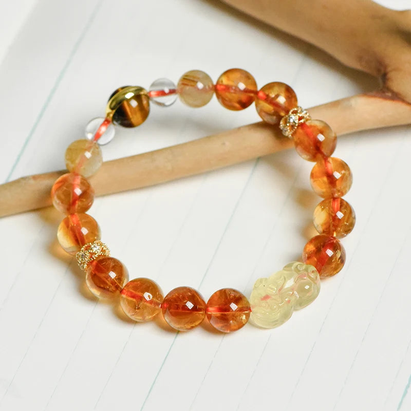 Natural Gem Citrine & Tiger's Eye Bracelet with Feng Shui Pi Xiu Charm – Spiritual Jewelry for Good Fortune