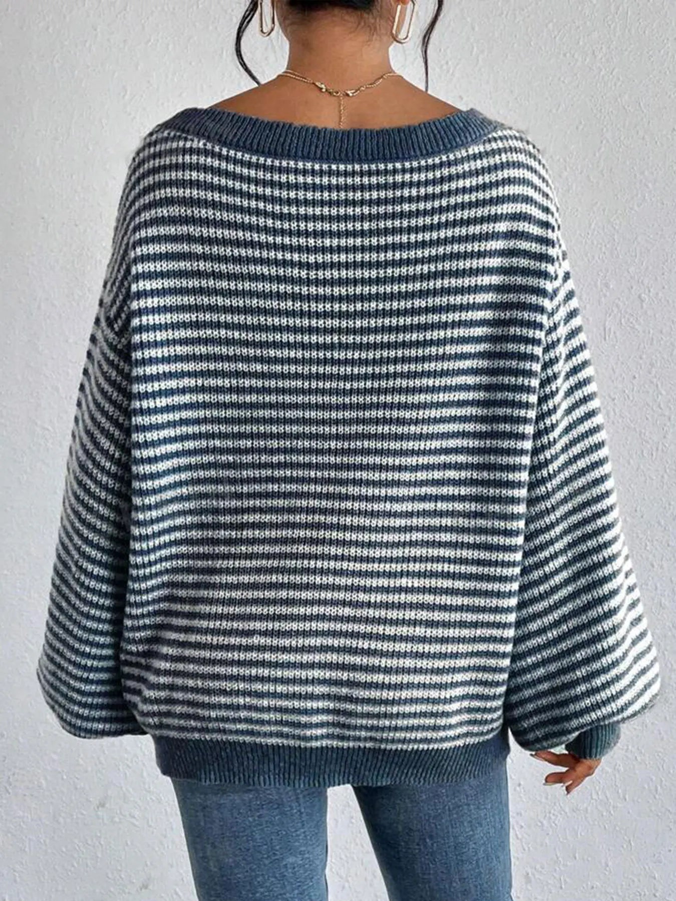 Women's Oversized Striped Knit Sweater - Casual Autumn Wool Pullover with Puff Long Sleeves and Crewneck Millicent
