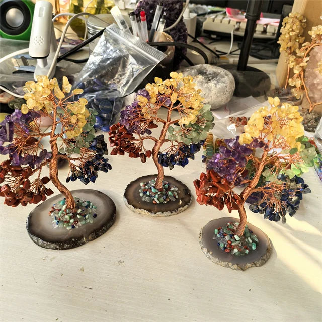 15-16cm 5 Chakra Crystal Money Tree with Agate Coaster – Natural Gemstone Chips for Decor & Energy Balance